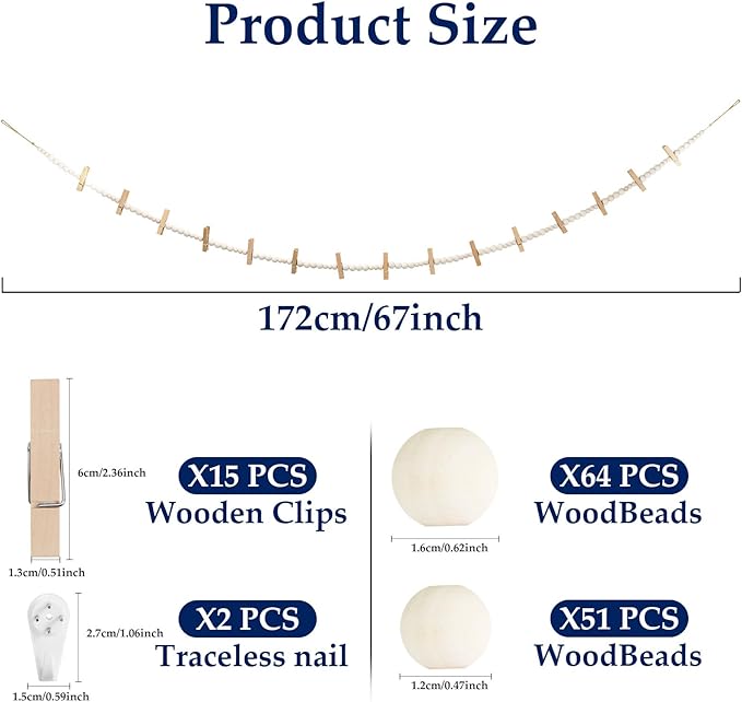 Hanging Photo Display Wall Decor with 15 Wood Clips, 67 Inches Boho Wooden Bead Garland Collage Picture Frame Photos String DIY, Photo Hanger for Bedroom Office Dorm Room Decor Gifts(1PCS)