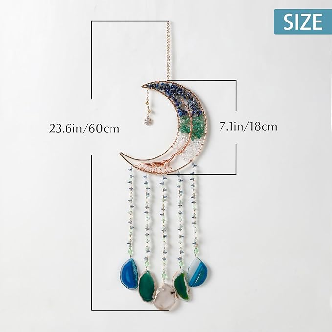 Agate Gemstone Dream Catcher 7 Chakra Tree of Life Dream Catcher with Rainbow Crystal Stones Handmade Dreamcatcher Wall Decor for Adults Boys Girls,Bedroom,Wedding,Garden,Bless Gift(Blue&Green Moon)
