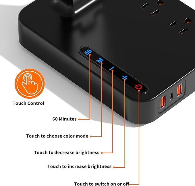 COZOO LED Desk Lamp with 3 USB Charging Ports,2 AC Outlet,3 Color Modes 3 Brightness Levels,Touch/Memory/Timer Function,Eye-Caring Home Office Foldable Natural Light Task Lamp for Reading,Study,Crafts