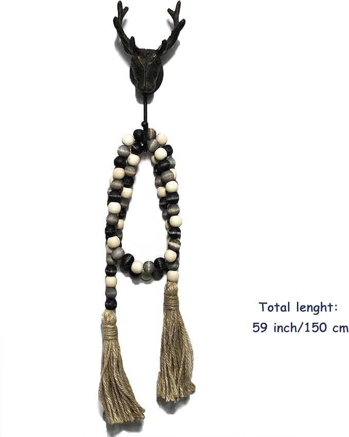 CVHOMEDECO. Wood Beads Garland with Tassels Farmhouse Rustic Wooden Prayer Bead String Wall Hanging Accent for Home Festival Decor. Black Grey Mix Distressed