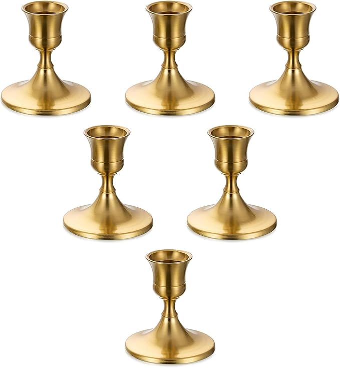 Romadedi Gold Candlestick Candle Holders for Taper, 6 PCS Gold Brass Color Candle Stick Candle Holder for Table Centerpiece, Wedding Reception, Festive Christmas Mantel Decoration or Home Decor