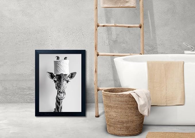 Funny Animal Bathroom Wall Art Giraffe with a Toilet Paper Roll on Head Painting Black and White Bathroom Pictures Wall Decor Framed Humor Canvas Print Artwork
