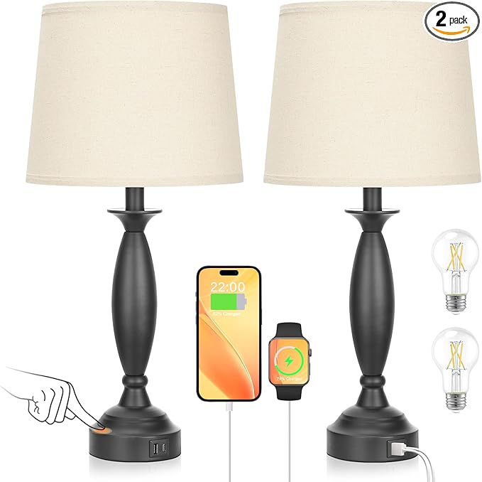 Beige Lamps for Bedrooms Set of 2 - Touch Control Bedside Lamp with USB C+A, 3 Way Dimmable Nightstand Lamps with USB Port, Table Lamp for Living Room(Beige Shade and Black Base)