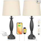Beige Lamps for Bedrooms Set of 2 - Touch Control Bedside Lamp with USB C+A, 3 Way Dimmable Nightstand Lamps with USB Port, Table Lamp for Living Room(Beige Shade and Black Base)
