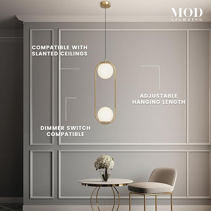 𝗠𝗢𝗗 𝗟𝗜𝗚𝗛𝗧𝗜𝗡𝗚 Jewels & Pearls | Modern Gold Pendant Light Fixtures, Globe Pendant Lights for Kitchen Island Lighting, Dimmable LED Bulb Included, 1 Pack (Gold | Warm White | Long Oval)