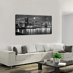 LevvArts - Black and White New York Picture Brooklyn Bridge Canvas Wall Art Full Moon Night Manhattan City Poster Canvas Print Framed Gallery Wrapped Modern Home Office Decoration
