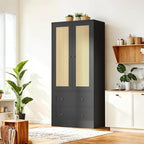 64.2" Tall Rattan Black Kitchen Pantry, Storage Cabinet with Doors and Drawers, Freestanding Wooden Organizer for Kitchen, Dining Room