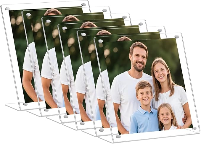 6 Pack Acrylic Picture Frame 4x4 inch, Magnetic Photo Frames, Clear Slanted Back Acrylic Frameless Transparent Frame for Desktop Display, Standing Photo Display Holder Gift for Home, Office