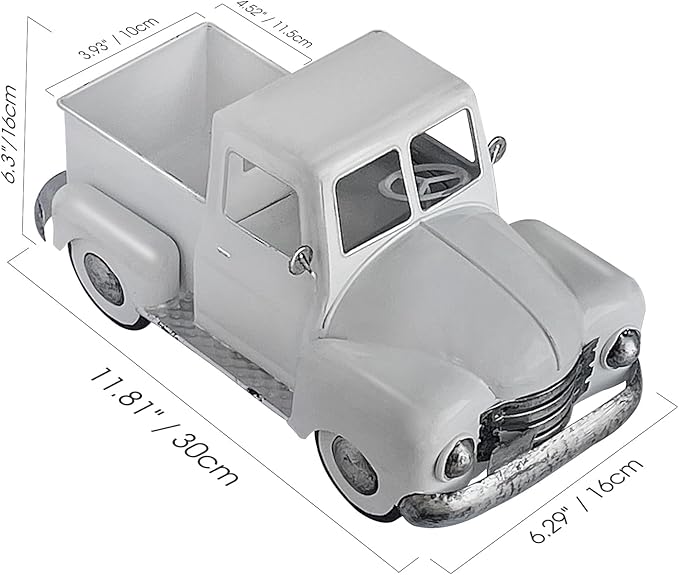 Farmhouse White Truck Decor, Vintage Metal Farm Truck Decor,Rustic Outdoor/Indoor Garden Trucks Planter,Decorative Tabletop Fall Table Pick-up Decor, Collectible Vehicles Gifts