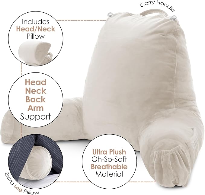 Nestl Reading Pillow Large Bed Pillow, Back Pillow for Sitting in Bed Shredded Memory Foam Chair Pillow, Reading & Bed Rest Pillows Linen Back Pillow for Bed, Bed Chair Arm Pillow with Pockets