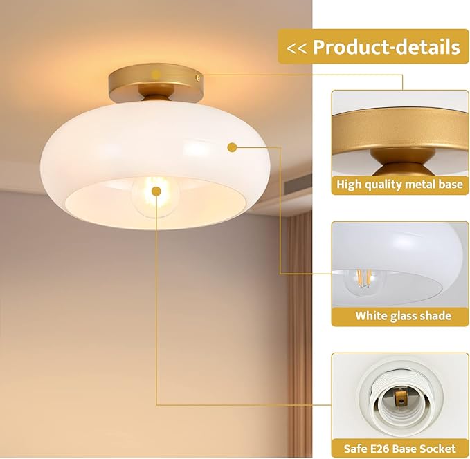 Mid-Century Modern Gold Semi Flush Mount Ceiling Light, Kitchen Ceiling Light Fixture with Glass Shade, Vintage White Close to Ceiling Lamp for Entryway Hallway Bathroom (11.0 Inch)