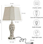 25'' Farmhouse Table Lamp for Living Room Bedroom, 2 USB Ports Vintage Rustic Nightstand Desk Lamp with Nightlight, White Hollow Out Resin Lamp for End Table (Bulb Included)