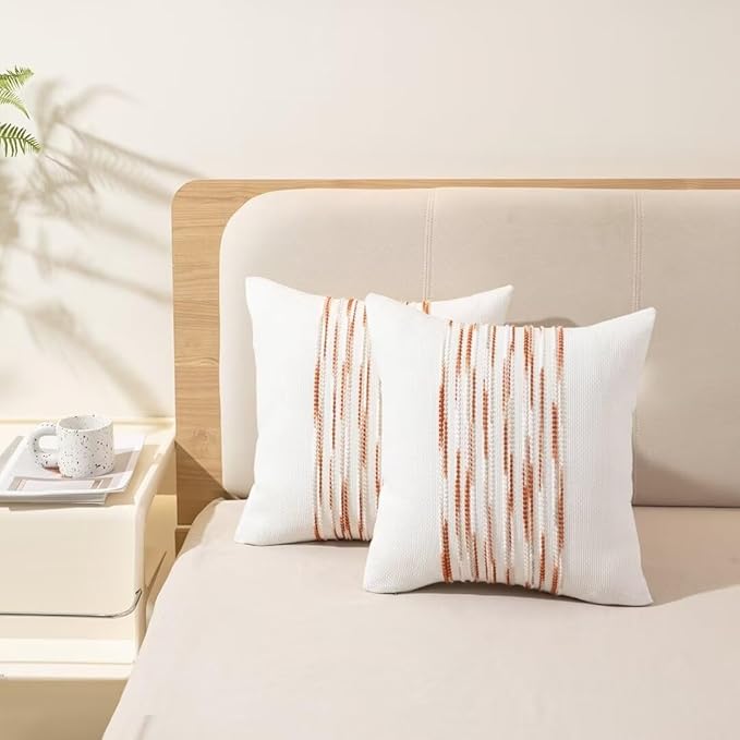 Boho Throw Pillow Covers 18x18 Set of 2 Christmas Decorative Cushion Case Striped Square Pillows Cover Chenille Pillow Cases Accent Neutral Pillowcase for Sofa Couch Bed,White Wine-red