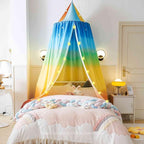 Rainbow Print Kids Bed Canopy, Girls Princess Canopy Dreamy Room Decor, Soft Hanging Reading Nook Play Tent Canopy, Extra Large Full Size with String Light