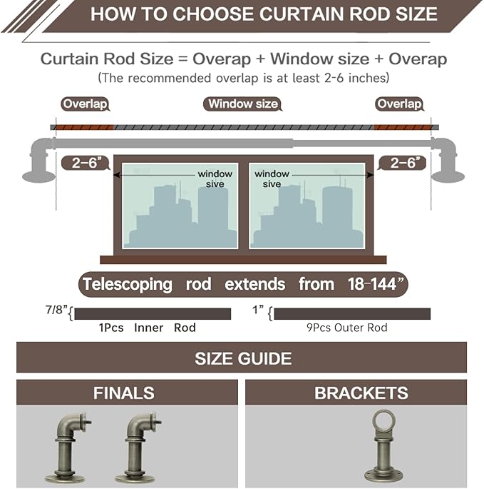 Industrial Curtain Rods 18 to 144 in,Blackout Curtain Rod,Adjustable Length,1 in Diameter Pipe,Wall or Ceiling Mounted,for Bedroom and Living Room (Antique Silver 18” to 144”)