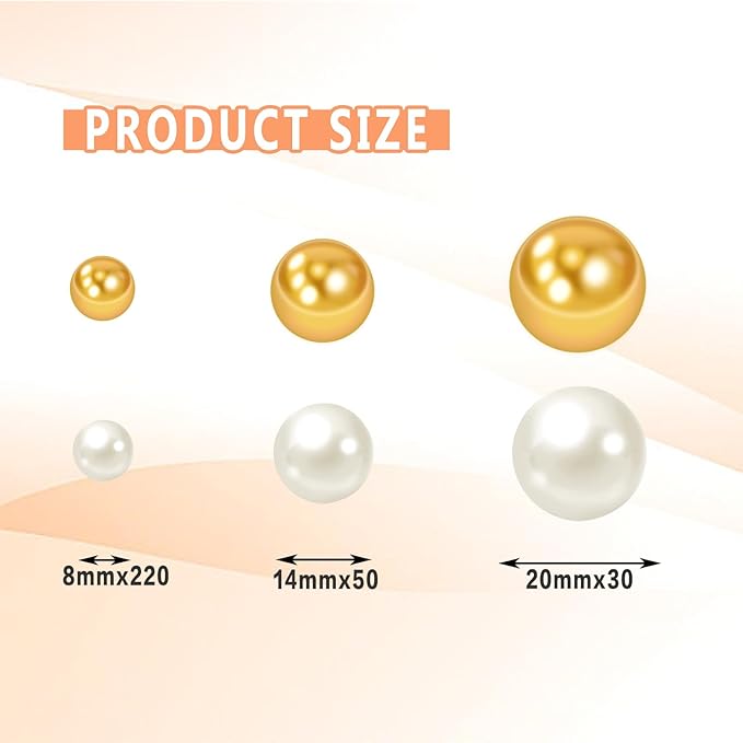 300Pcs Vase Filler Ivory and Golden Yellow No Hole Faux Pearl Beads for Vase Filling Decorations, Candle Centerpieces, Wedding Centerpieces, Home Party Decor (8/14/20mm)