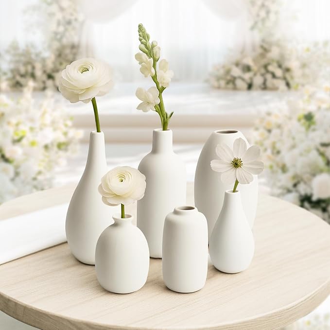 BEAHOT Ceramic Vases Set of 6, White Contemporary Decorative Flower Vases, Modern Design for Living Room