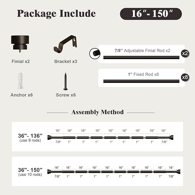 Oneach Brown Curtain Rods for Windows 72 to 144 Inch, 1 Inch Pole Adjustable Length Heavy Duty Metal Curtain Rod Set, for Outdoor Bedroom Kitchen Living Room (16 to 150 Inch)