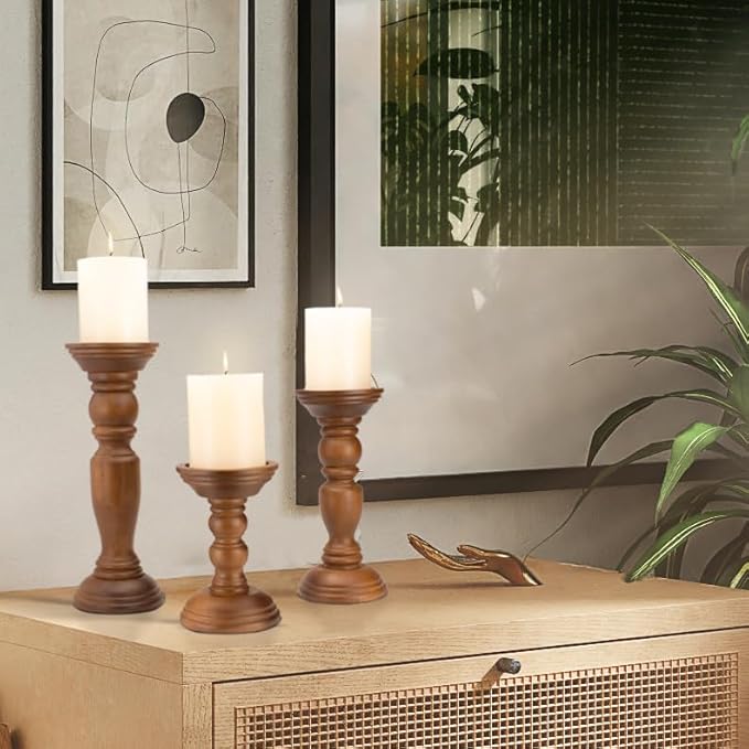 Rustic Wooden Pillar Candle Holders Set of 3, 12'' 9'' 6'' Farmhouse Wood Candle Stand for Table Centerpieces, Vintage Tall Candleholders Fireplace Mantel Decor for Living Room, Brown