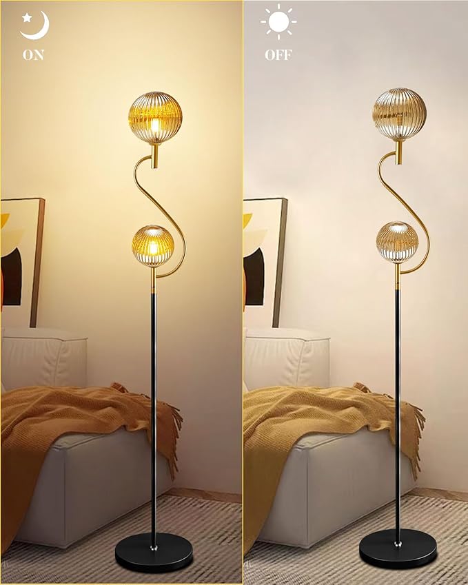 Lightdot Gold & Black Floor Lamp, Mid Century Standing Lamps with Globe Teaed-Strip Glass Shade Soft Warm White Eye Care 3000K Bulbs Included, Modern Tall Floor Lamp for Living Room Bedroom