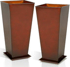 WORTH Garden 25" Large Metal Glazed Planter Set of 2, Luxurious Glossy Finish Red Tall Square Tapered Steel Plant Pots, Decor Flower Pot Indoor & Outdoor, Drainage Hole & Dual-Purpose Plant Saucer