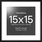 Homeforia 15x15 Black Wood Frame, High End Oak 15 x 15 Square Picture Frames with Mat 11 by 11 inches Photo, 15by15 Black Wooden Poster Frames Matted to 11x11 Print, Tempered Glass, Wall Kit, Set of 1