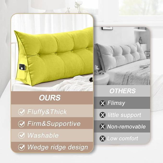Large Triangular Headboard Pillows Long Backrest Positioning Support Bolster Cushion for Daybed Fluffy Quality Plush Body Wedge Pillow with Removable Cover(Yellow Green-24x8x20in)