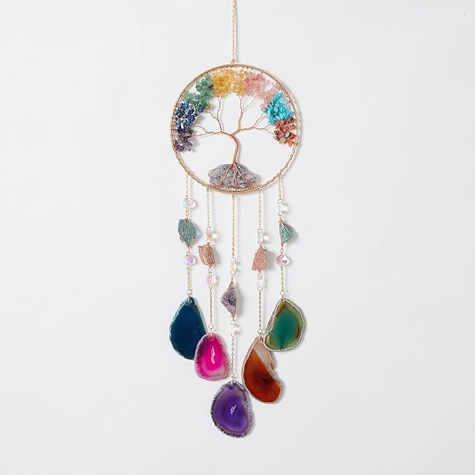 Large Rainbow 5 Agates Gemstone Dream Catcher Tree of Life Chakra Dream Catchers with Healing Crystal Handmade Muti-Colored Dreamcatcher Wall Decor for Adults Boys Girls,Bedroom,Garden,Bless Gift