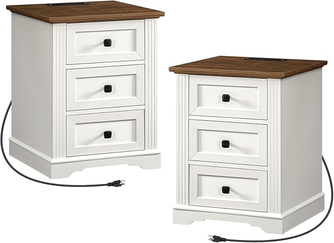 Nightstand Set of 2, Night Stand with 3 Drawers,18 Inch Wide End Table with Charging Station, Farmhouse Bedside Table, Side Table for Bedroom, Study, White and Walnut