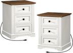 Nightstand Set of 2, Night Stand with 3 Drawers,18 Inch Wide End Table with Charging Station, Farmhouse Bedside Table, Side Table for Bedroom, Study, White and Walnut