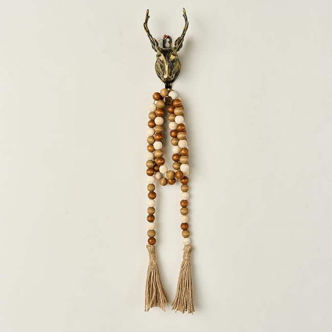 OMISHE 59in Wood Bead Garland with Tassels, Wooden Beads Garland, Decorative Beads Garland Decor, Farmhouse Beads Garland for Wall Hanging Home Festival Decor, Brown and Beige