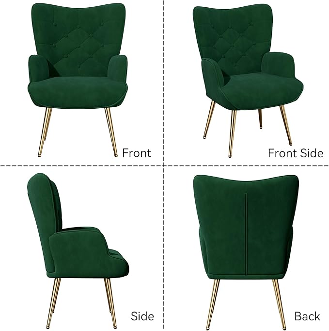 Nalupatio Mid Century Modern Velvet Accent Chair, Tufted Button High Back Chair, Upholstered Wingback Armchair with Metal Legs, High Back Side Chair for Living Room Bedroom, Green