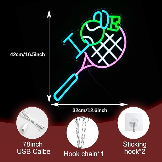 I Love Tennis Neon Sign Distinctive Tennis Led Neon Light for Wall Decor Dimmable USB Tennis Neon Signs Light Up Sign for Gymnasium Club Sports Store Bedroom Gifts(12.6 * 16.5In)