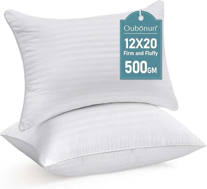 Oubonun 12 x 20 Throw Pillow Inserts, Firm and Fluffy Decorative Square Pillows for Couch Bed Sofa with Soft Cotton Cover White Cushion with Down Alternative Pack of 2