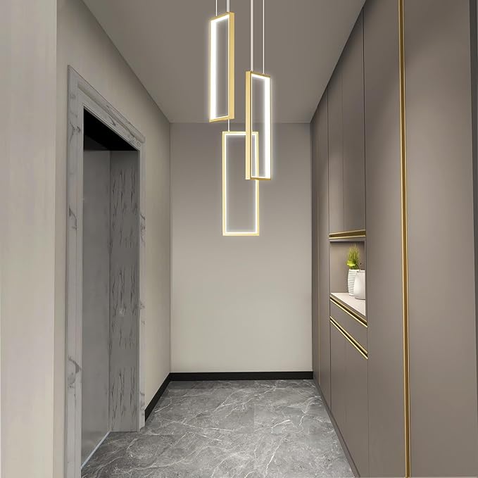 Modern Kitchen Pendant Light Fixture Gold 40W LED Pendant Light 3 Rings Rectangle Chandelier Pendant Lighting for Kitchen Island Living Room Dining Room Bedroom