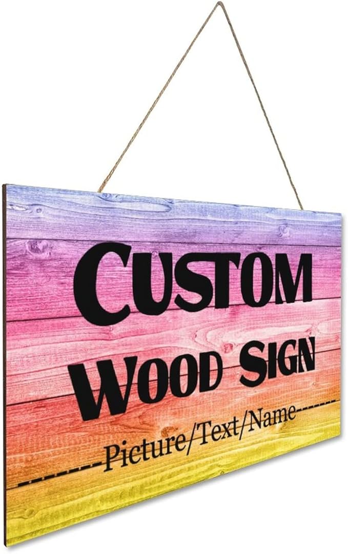 Custom Wood Sign With Hanging String, Personalized Wooden Name With Text Logo Photo, 20 Fonts, 100 Colors, Design Your Welcome for Front Door, Farmhouse 15.7x9.8 Inch