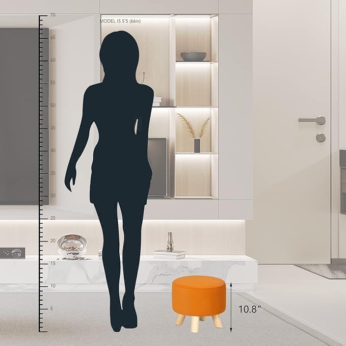 Asense Small Round Ottoman Foot Rest Stool Fabric Padded Seat Footstool Ottoman with Anti-Slip Wooden Legs (Orange,Fabric)