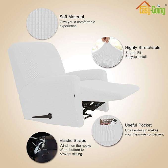 Easy-Going Recliner Stretch Sofa Slipcover Sofa Cover 4-Pieces Furniture Protector Couch Soft with Elastic Bottom Spandex Jacquard Fabric Small Checks(Recliner,Snow White,Large)