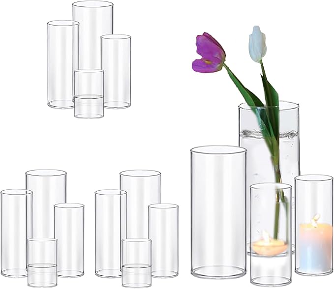 PHOSPHOR 12 PCS Glass Candle Holder, Hurricane Candle Hoder, Glass Pillar Candle Holder, Clear Cylinder Candleholder Cylinder Vase for Centerpieces Wedding Party Decoration