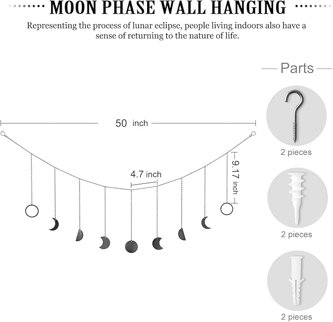 Mkono Moon Phase Wall Hanging Boho Aesthetic Room Decor Metal Moons Garland Hanging Art Bohemian Home Decoration for Girls Room Nursery Bedroom Livingroom Dorm, Ideal, Black, 50"