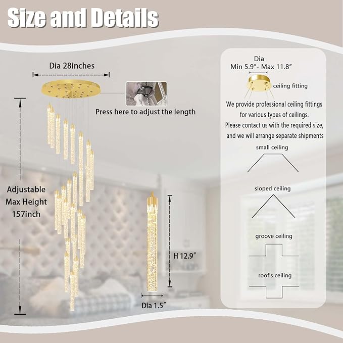 25-Light High Ceiling Chandelier Modern Crystal Lights for Living Room Foyer Flush Mount Sloping Ceiling Pendant Light Fixture Crystal Drop Light for Hallway Staircase