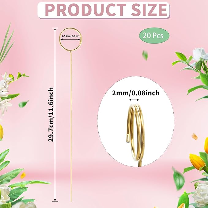 20 Pcs Floral Card Holder Picks, 12 Inch Round Picture Holders, Photo Holder Pick Stick, Gold Floral Place Card Holder, Floral Picks Clips, Photo Picture Holder for Weddin