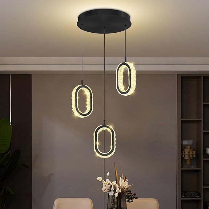 Dimmable Oval Pendant Light Modern LED Pendant Lights for Kitchen Island Adjustable Crystal Ring Chandelier for Dining Room Bedroom Living Room 3-Light Black