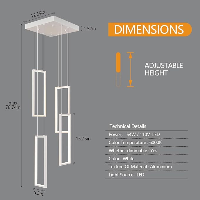 Modern Kitchen Island Dimmable Pendant Light Fixture White 54W LED Pendant Lights 4 Rings Rectangular Chandelier Staircase Large Chandelier Lobby Living Room Foyer High Ceiling Chandeliers