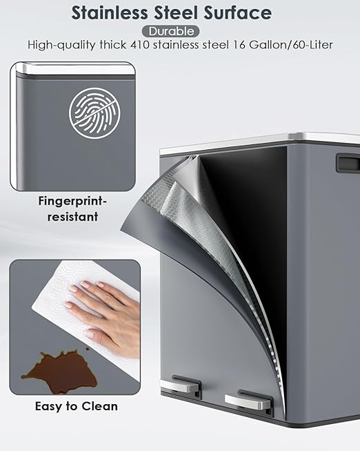 AthLike 60L(16 Gal ) Dual Trash Can, Stainless Steel Kitchen Garbage Can, Double Compartment Classified Rubbish Bin, Recycle Dustbin w/Plastic Inner Buckets, Handle, Soft-Close Lid, Airtight, Grey