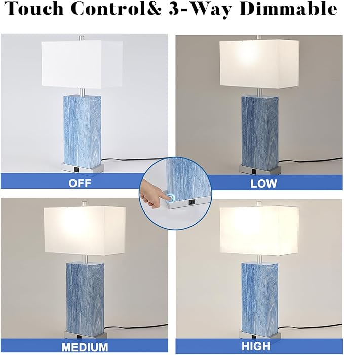 24” Tall Touch Control Table Lamps Set of 2, Blue Navy Lamps w/ USB& Type C Ports, Dimmable Coastal Bedside Nightstand Lamp White Shade, Large Lamps for Living Room End table Bedroom (Bulbs Included)