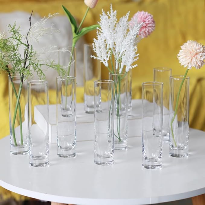 Glass Cylinder Bud Vases for Centerpieces, Set of 12 Clear Small vases,Handmade Slim Flower Vases Wedding Table Decor for Single Rose vases Bulk, Home Aesthetic Desk Decor, Party Decorations,7.5"