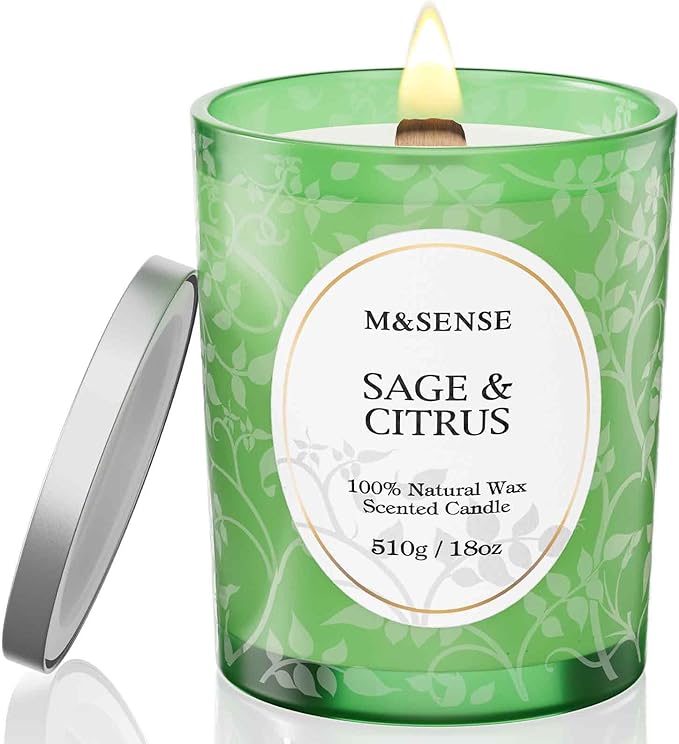 M&SENSE Sage Citrus Scented Candle, Cracking Wooden Wick Soy Wax, 18oz 100 Hours Long Lasting Clean Burn, Large Jar Candles for Home Decor, Non-Toxic Relaxing Aromatherapy Gifts for Women