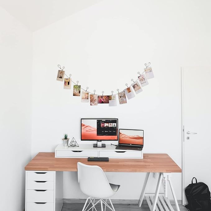 Multi-Purpose Steel Wall Hanging Photo Display Cable Wire Rod with 12 Adjustable Clips for Hanging Photos Notes Postcard and Artworks (Round)