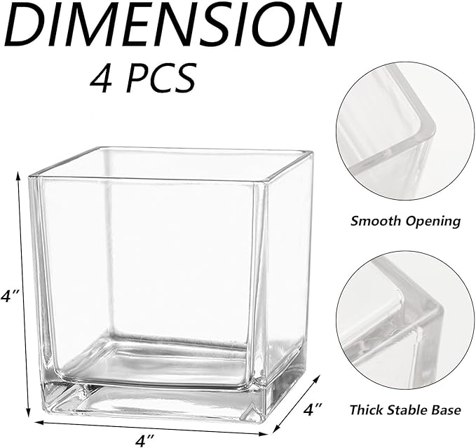 Square Glass Vases Set of 4, 4"x 4"x 4" Flower Vases for Centerpieces, Clear Glass Vase for Flowers, Small Vase for Wedding, Party, Home Office Decoration